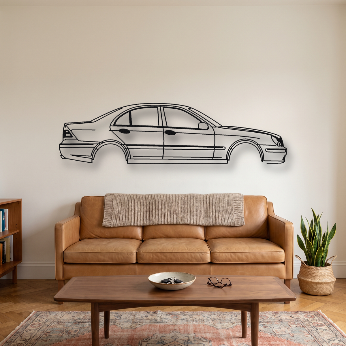 Mercedes-Benz C55 AMG W203 metal wall art silhouette, front view on wall