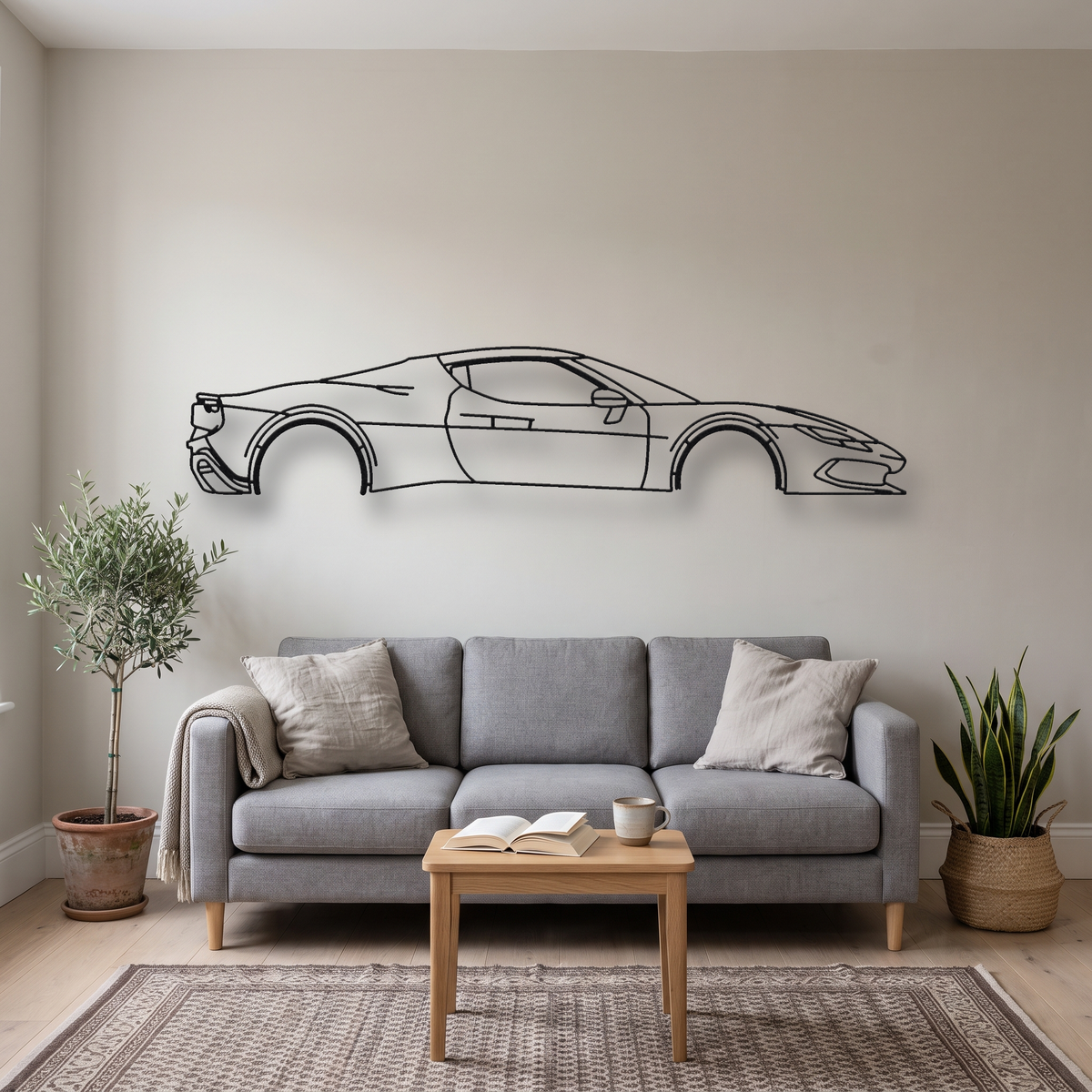 Ferrari 296 GTB metal wall art silhouette, front view on wall