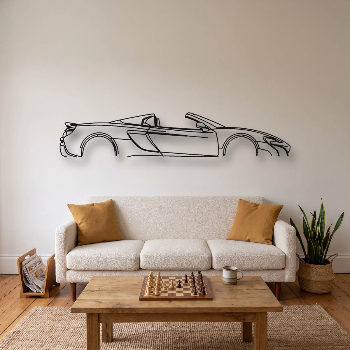 McLaren 675LT Spider metal wall art silhouette, front view on wall