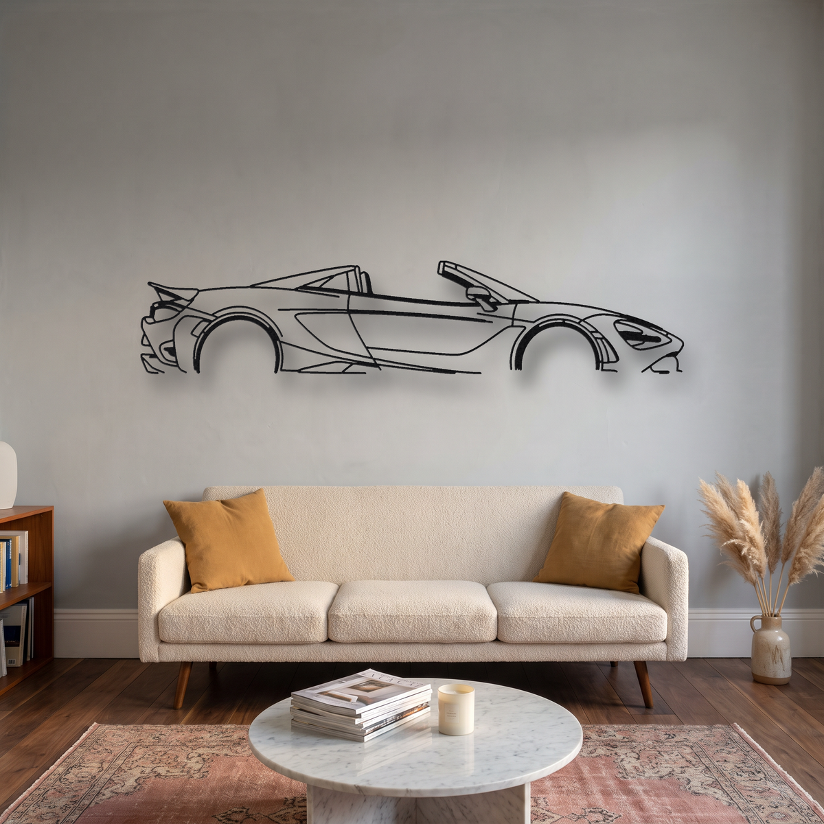 McLaren 765LT Spider metal wall art silhouette, front view on wall