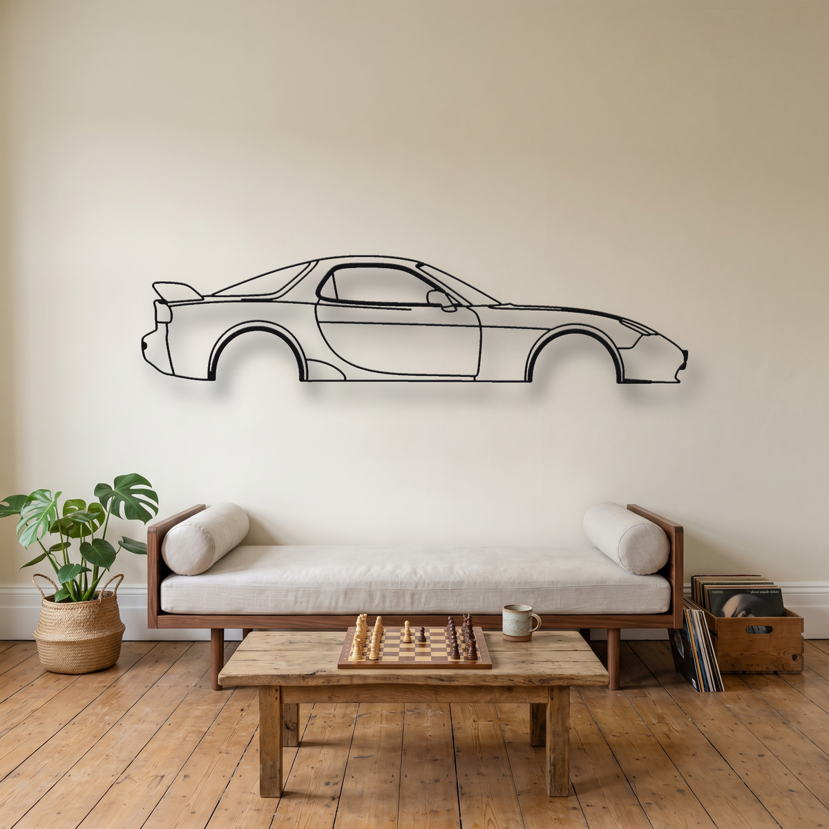 Mazda RX-7 Spirit R FD3S metal wall art silhouette, front view on wall