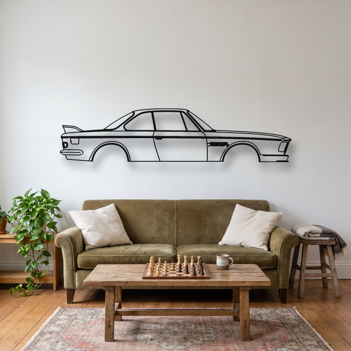 BMW 3.0 CSL E9 metal wall art silhouette, front view on wall