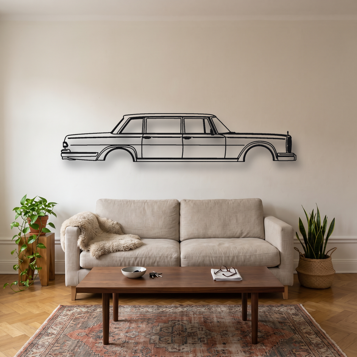 Mercedes-Benz 600 W100 metal wall art silhouette, front view on wall