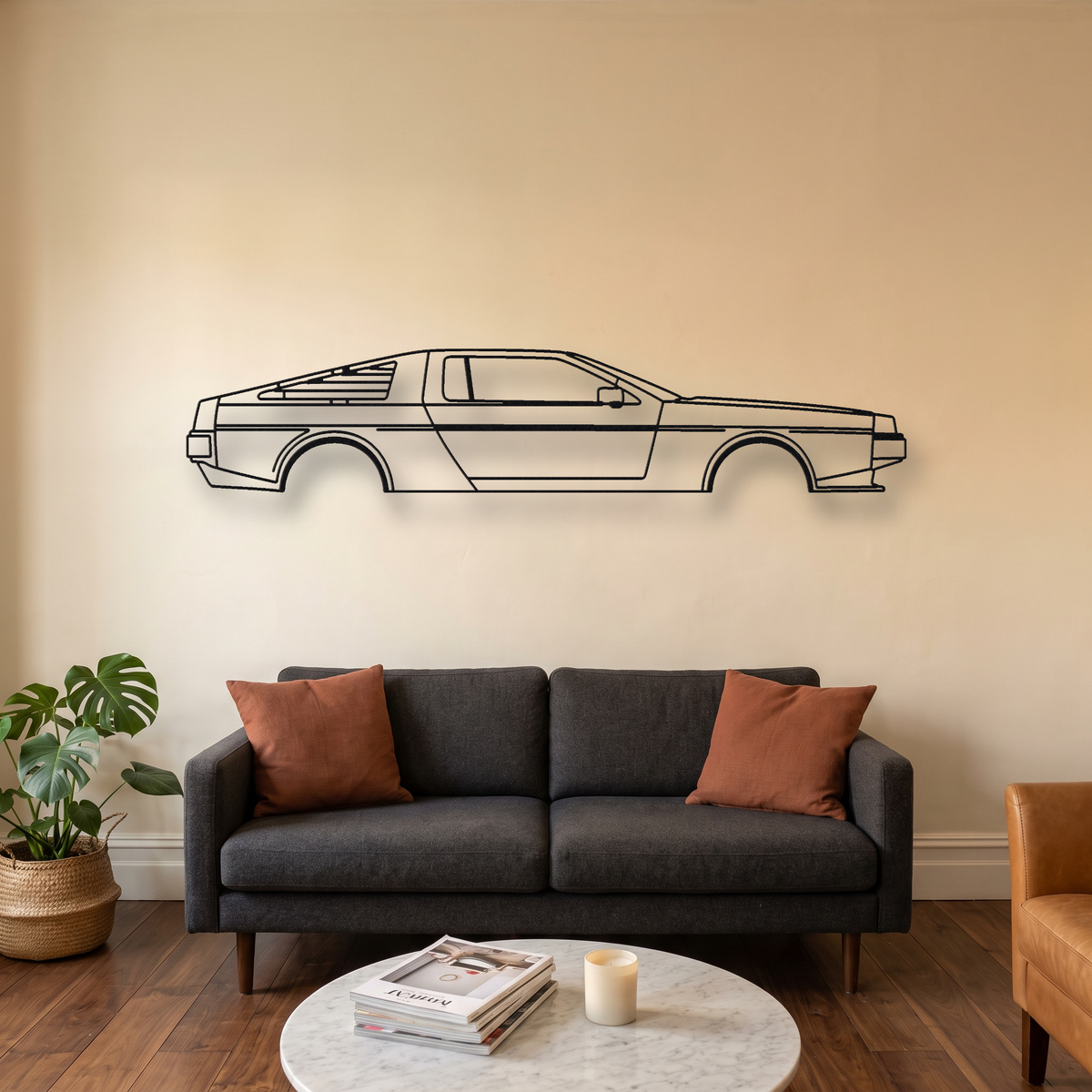 DeLorean DMC-12 metal wall art silhouette, front view on wall