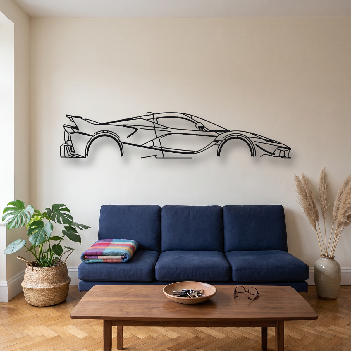 Ferrari FXX-K metal wall art silhouette, front view on wall