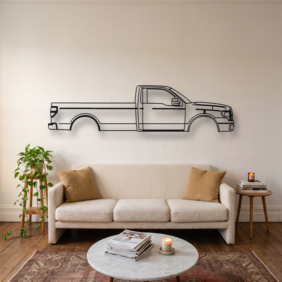 Ford F-150 P702 metal wall art silhouette, front view on wall