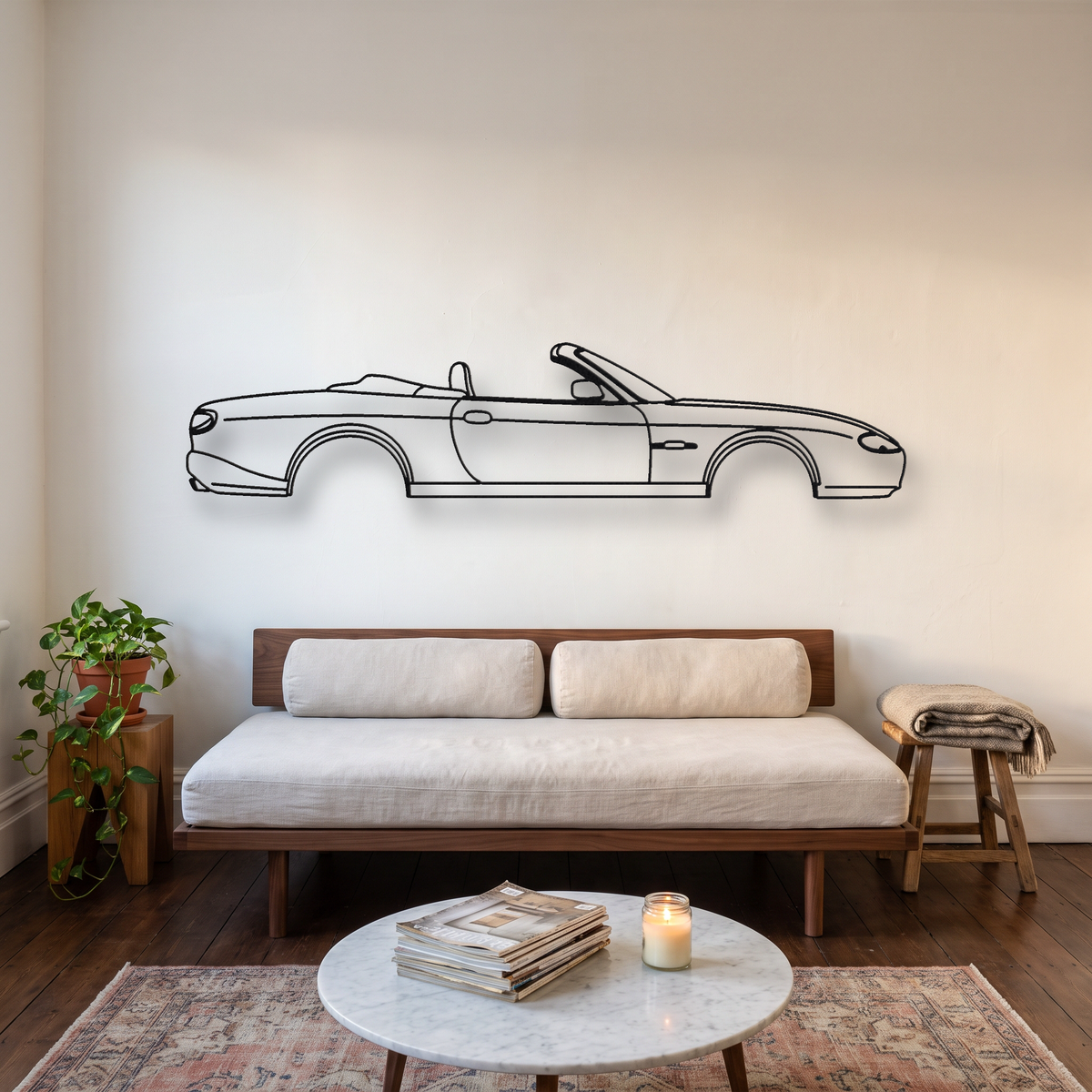 Jaguar XKR Convertible X100 metal wall art silhouette, front view on wall