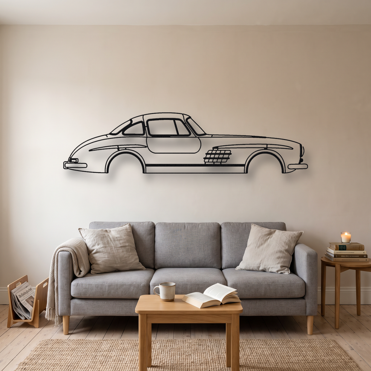Mercedes-Benz 300SL Gullwing metal wall art silhouette, front view on wall