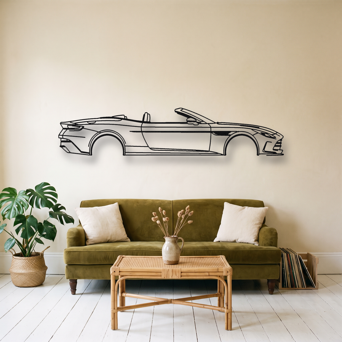 Aston Martin DB12 Volante metal wall art silhouette, front view on wall