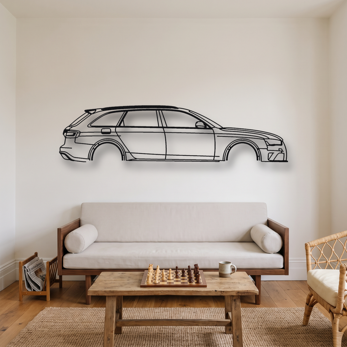 Audi RS4 Avant B8 metal wall art silhouette, front view on wall