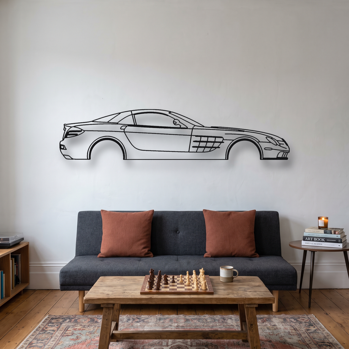 Mercedes-Benz SLR McLaren metal wall art silhouette, front view on wall