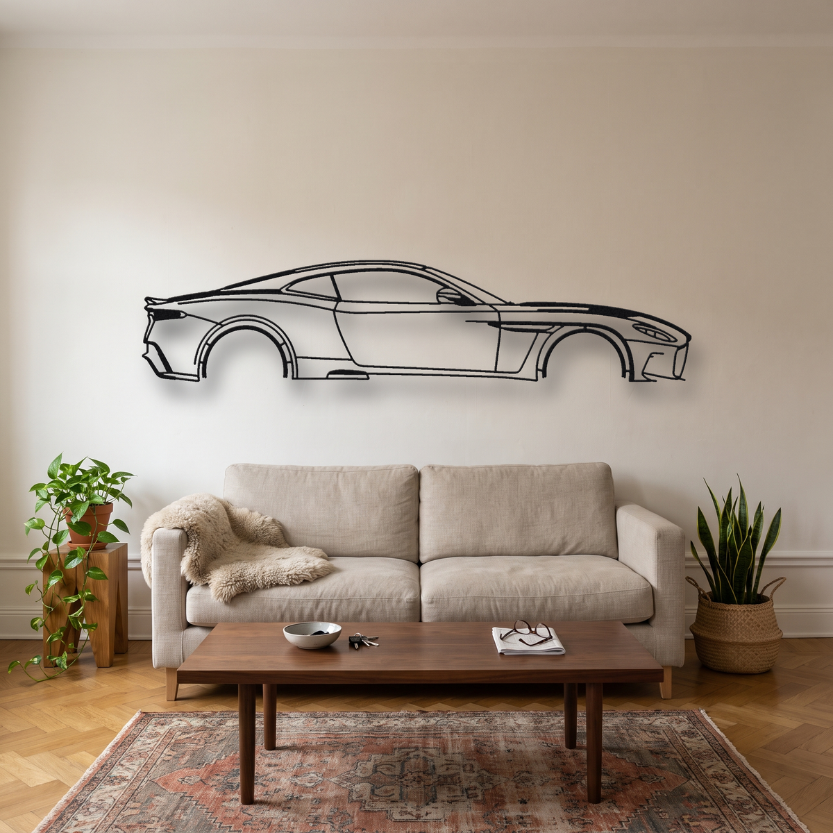 Aston Martin DBS 770 Ultimate metal wall art silhouette, front view on wall