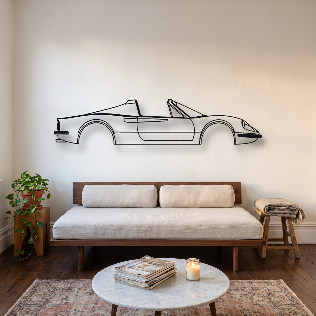 Ferrari Dino 246 GTS metal wall art silhouette, front view on wall