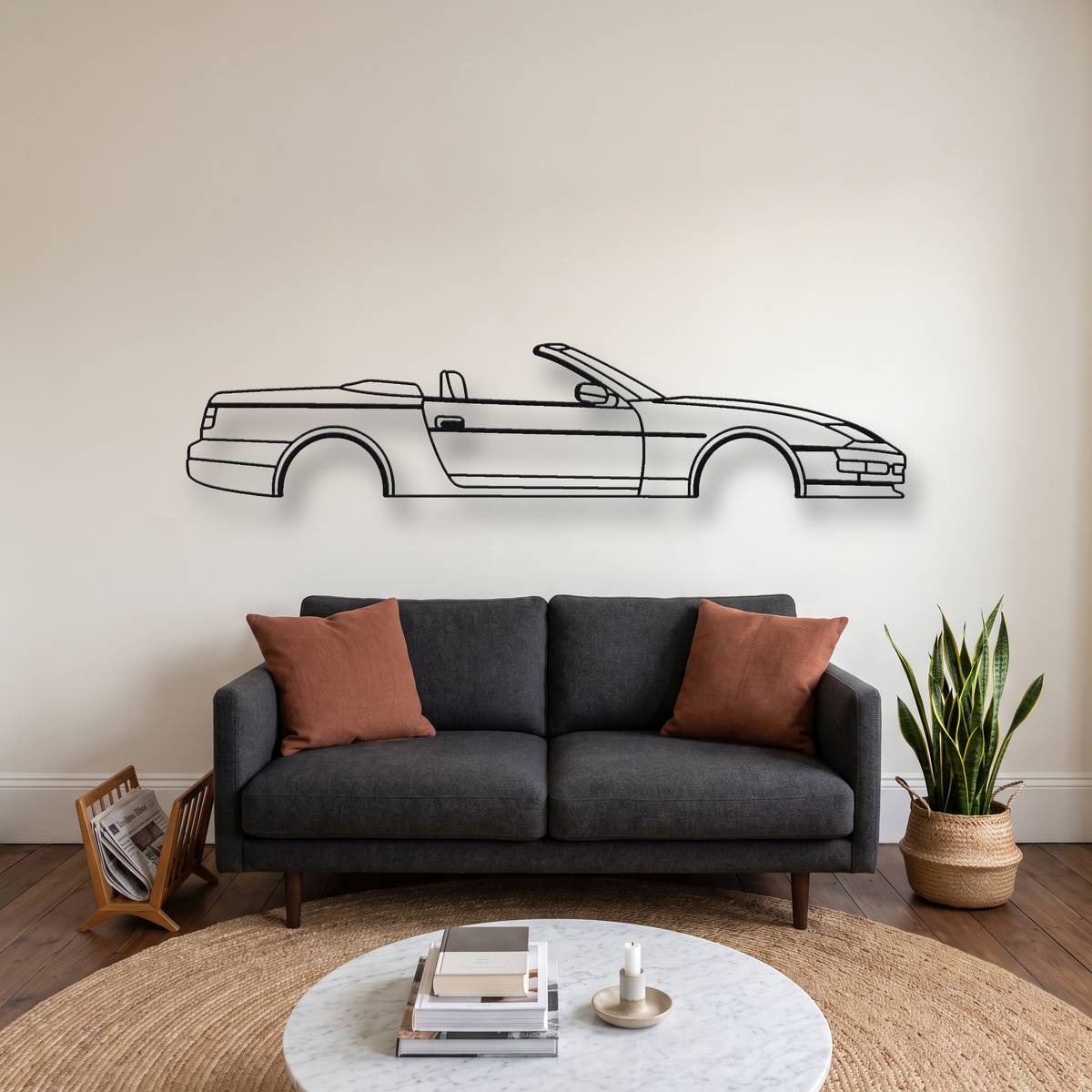 Nissan 300ZX Convertible metal wall art silhouette, front view on wall