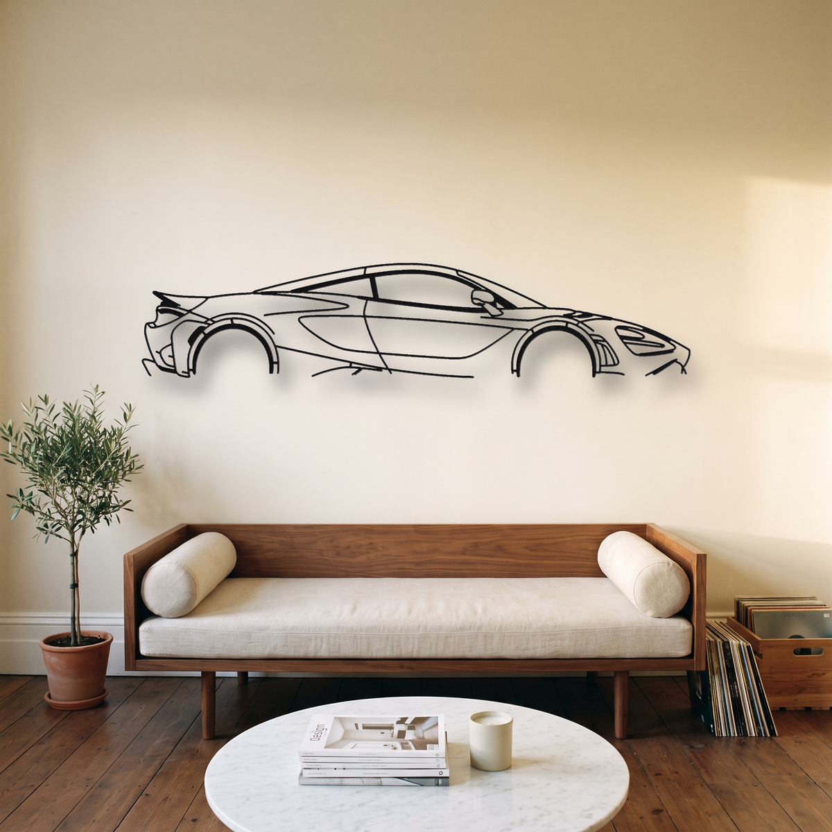 McLaren 765LT metal wall art silhouette, front view on wall