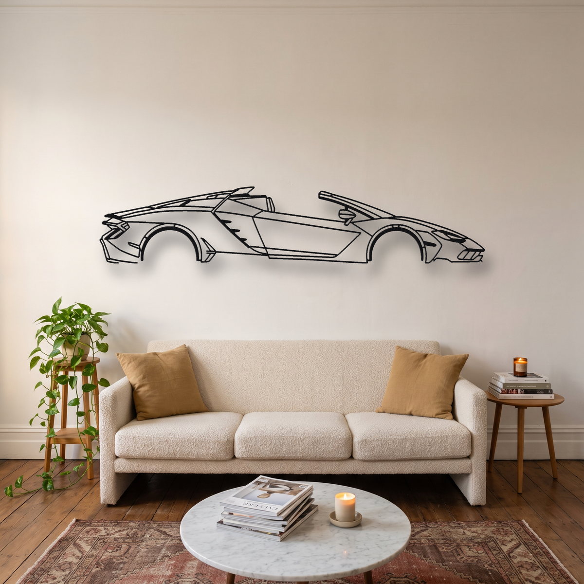 Lamborghini Centenario Roadster metal wall art silhouette, front view on wall