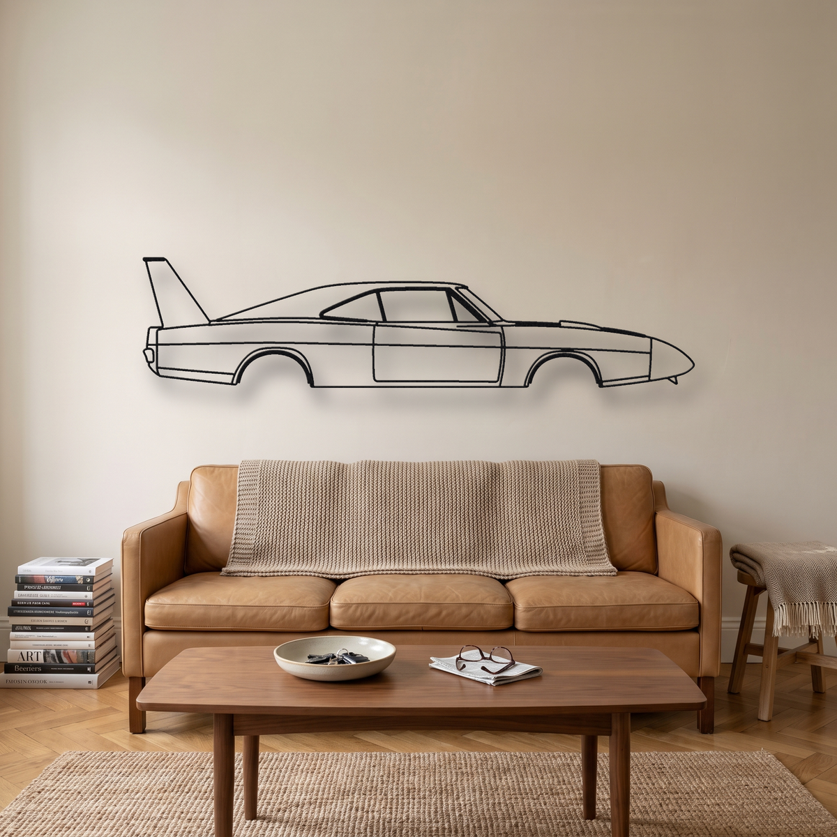 1969 Dodge Charger Daytona metal wall art silhouette, front view on wall