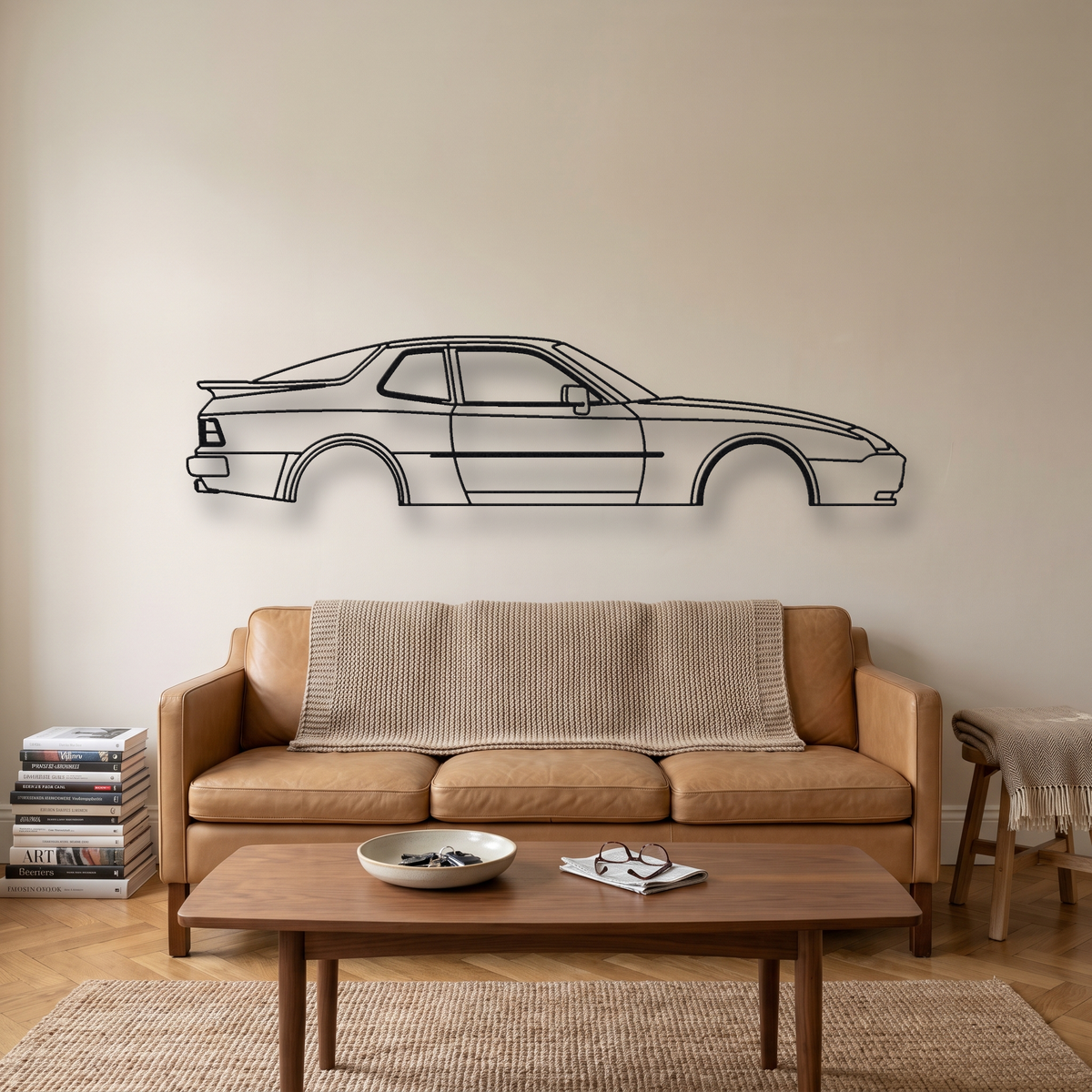 Porsche 944 Turbo metal wall art silhouette, front view on wall