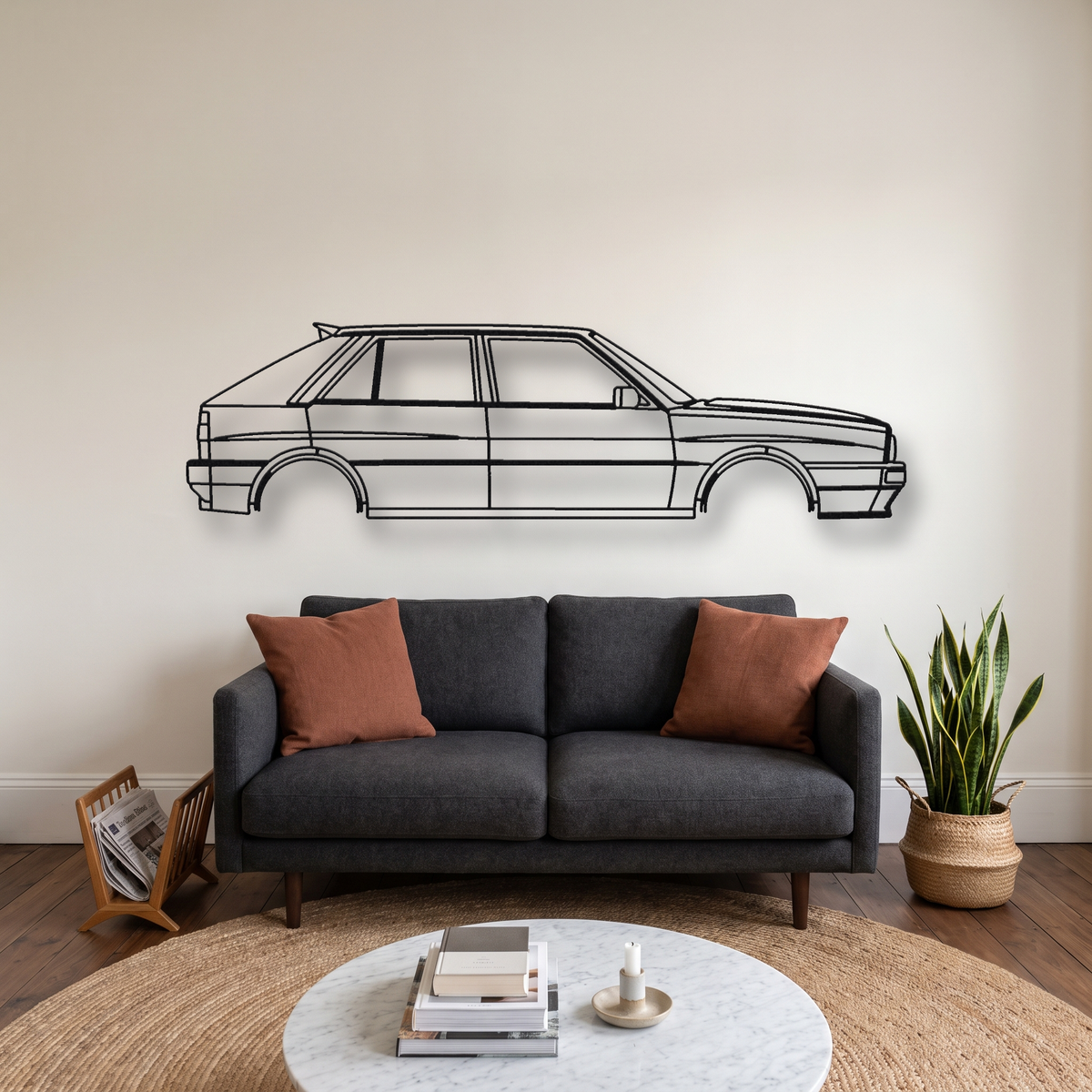 Lancia Delta HF Turbo metal wall art silhouette, front view on wall