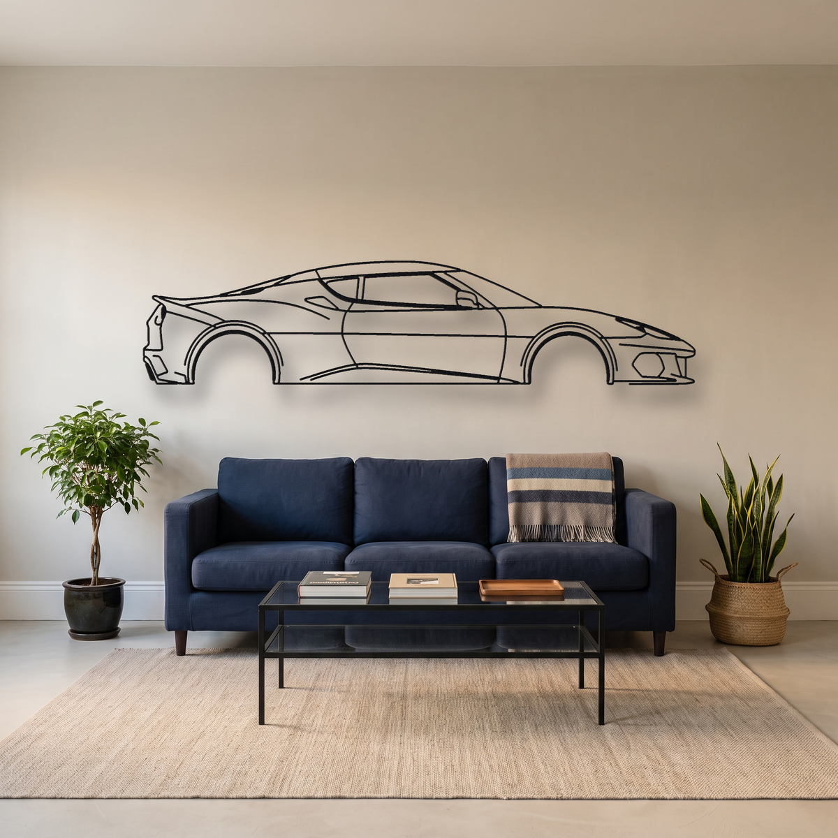 Lotus Evora 400 metal wall art silhouette, front view on wall
