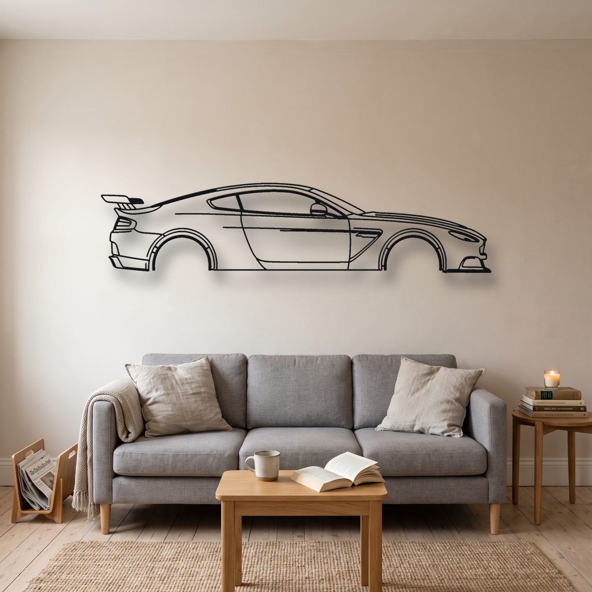 Aston Martin Vantage GT12 metal wall art silhouette, front view on wall