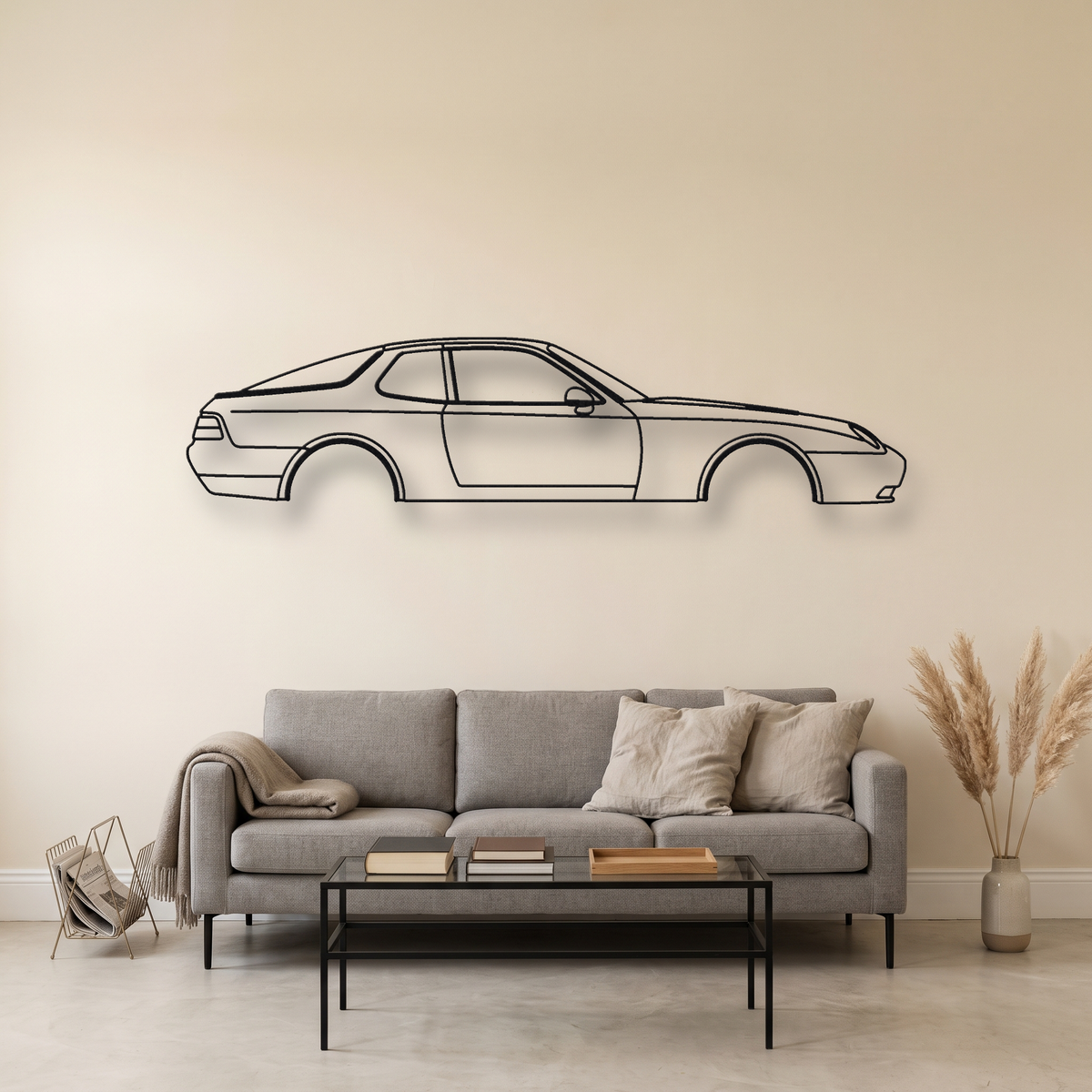 Porsche 968 metal wall art silhouette, front view on wall