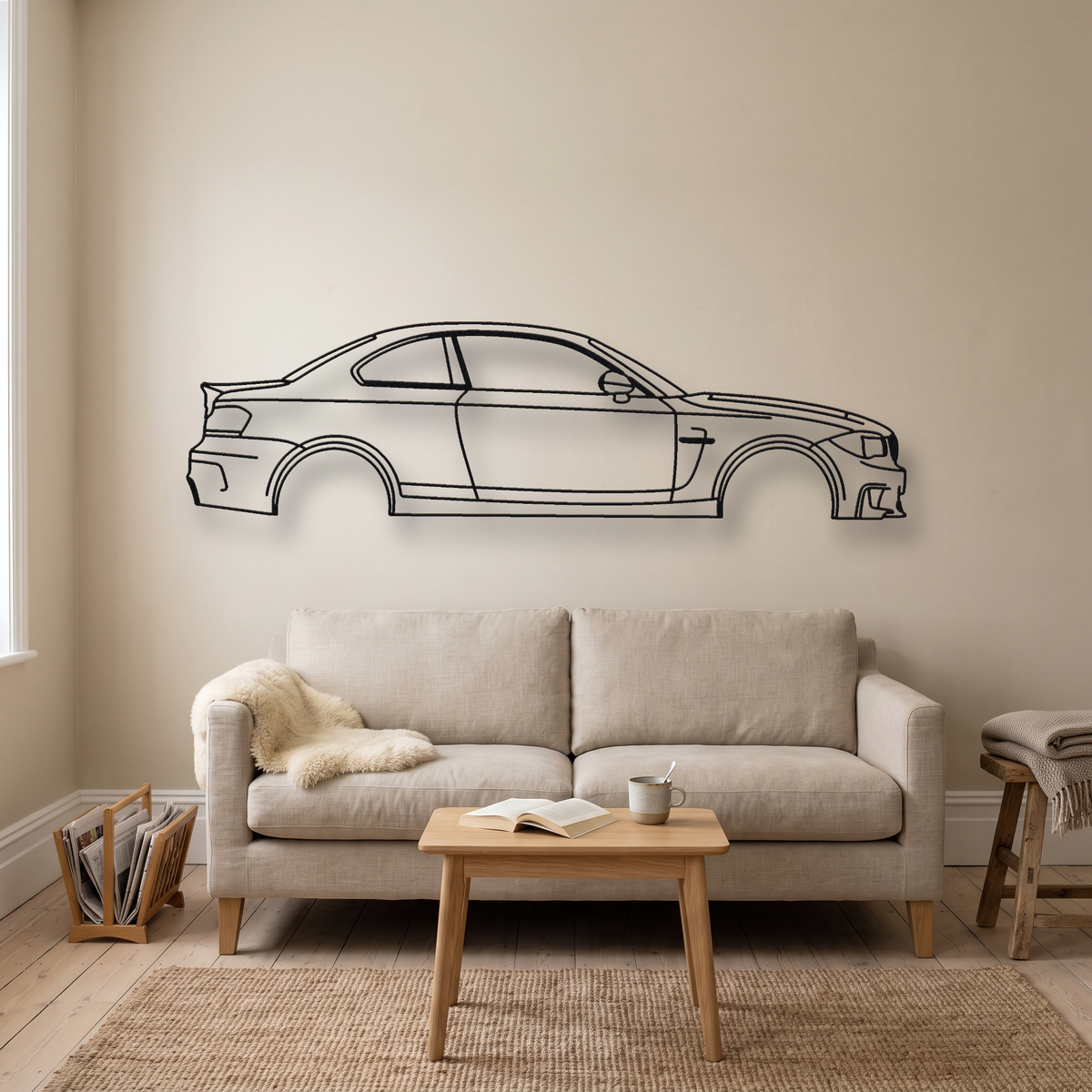 BMW 1 Series M Coupe E82 metal wall art silhouette, front view on wall