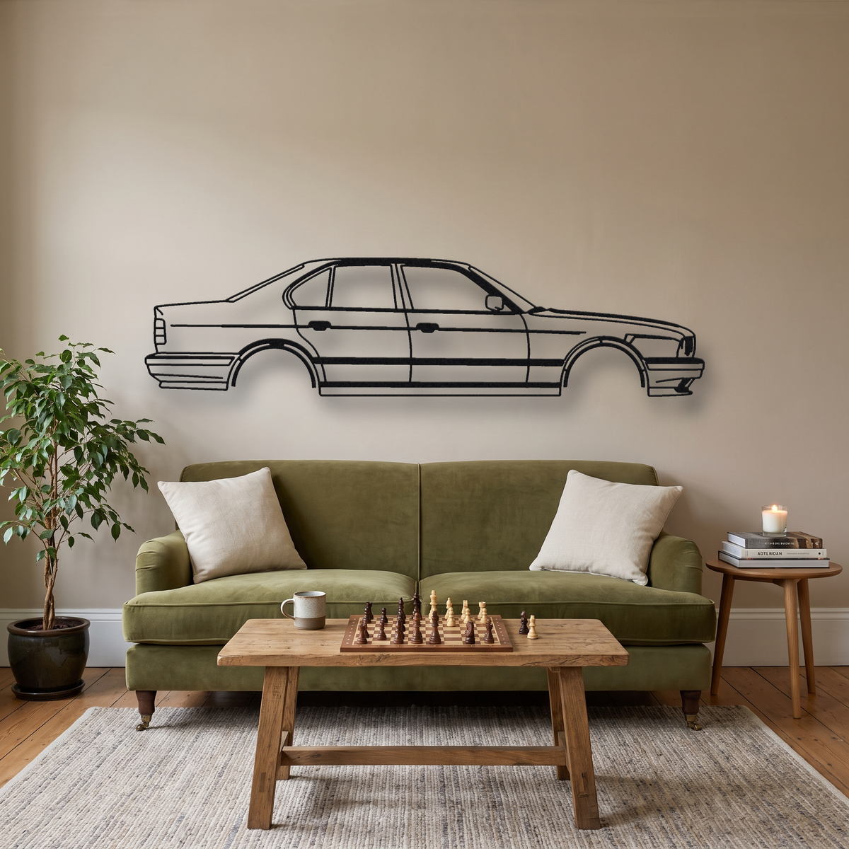 BMW M5 E34 metal wall art silhouette, front view on wall