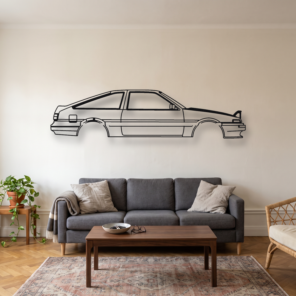 Toyota Sprinter Trueno AE86 metal wall art silhouette, front view on wall