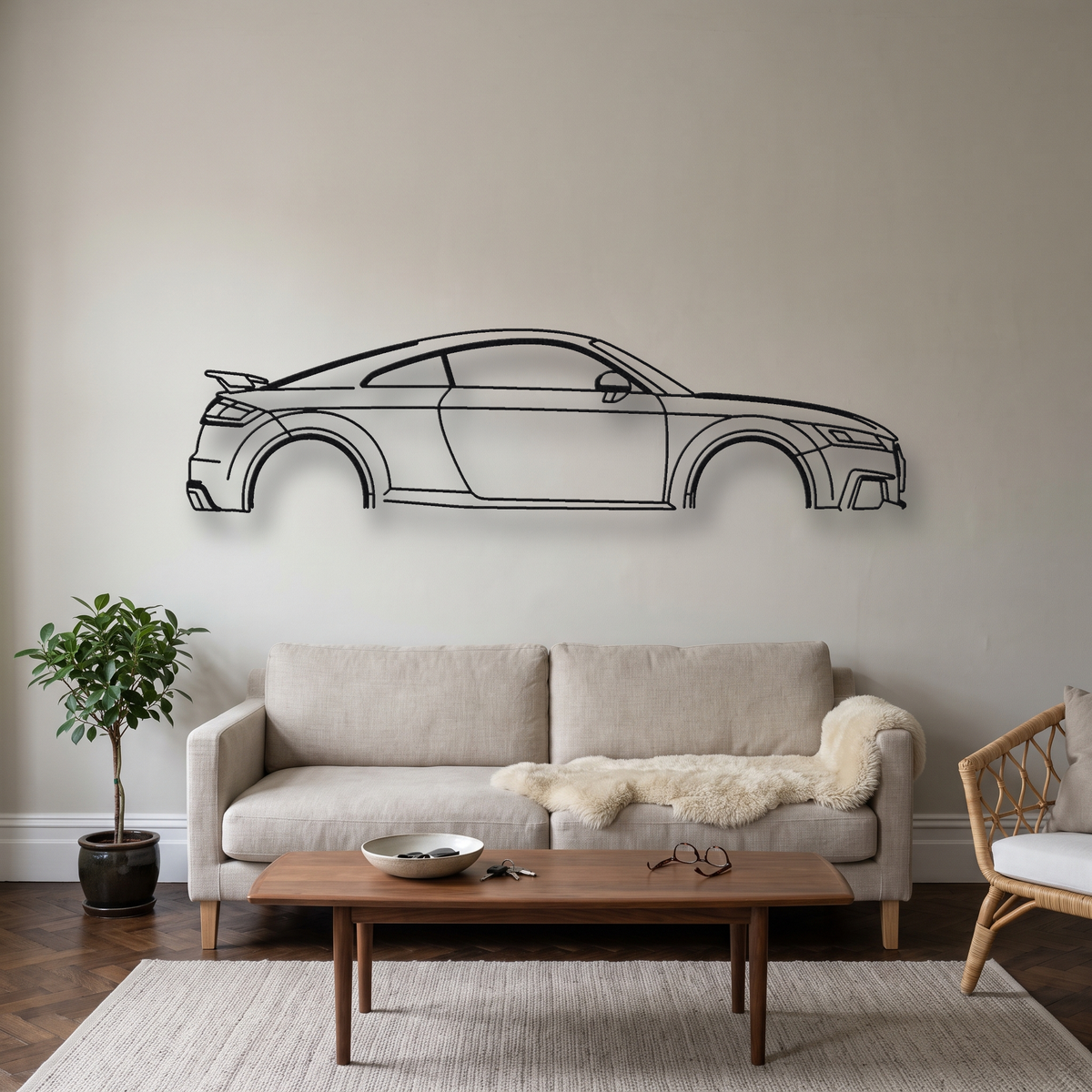 Audi TT RS 8S metal wall art silhouette, front view on wall