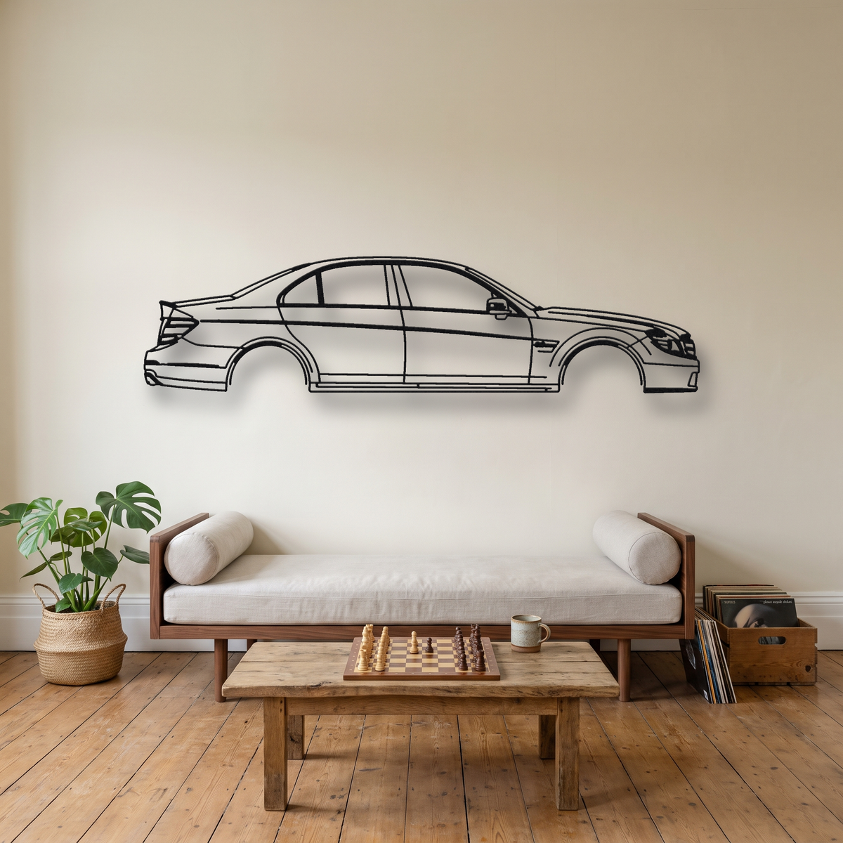 Mercedes-Benz C63 AMG W204 metal wall art silhouette, front view on wall