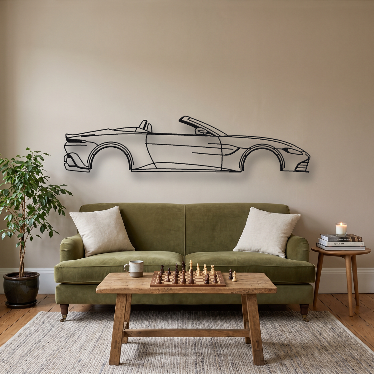 Aston Martin V8 Vantage Roadster AM6 metal wall art silhouette, front view on wall