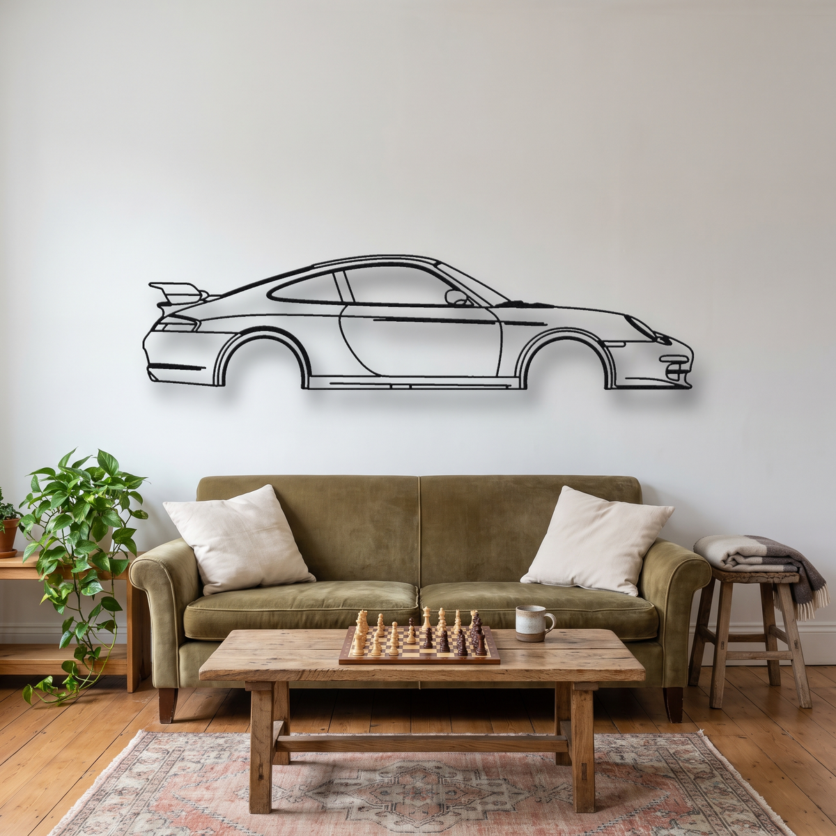 Porsche 911 GT3 996.2 metal wall art silhouette, front view on wall