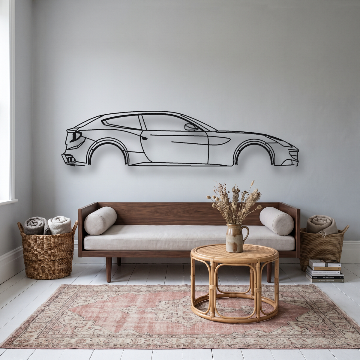 Ferrari FF metal wall art silhouette, front view on wall