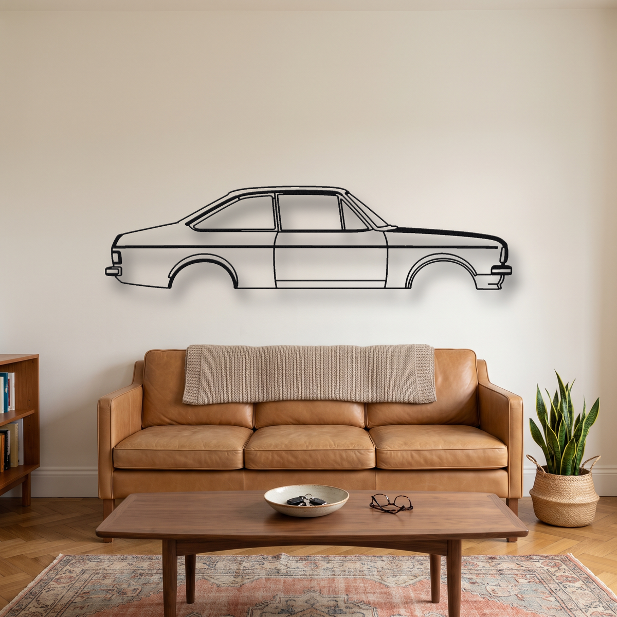 Ford Escort RS2000 MK2 metal wall art silhouette, front view on wall
