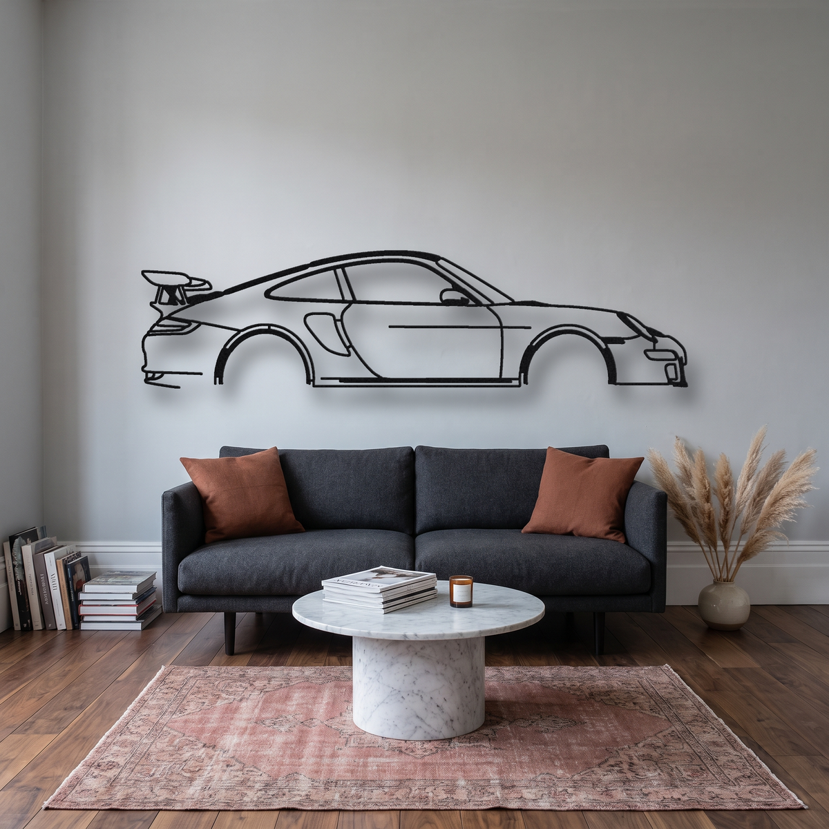 2007-09 Porsche 911 GT3 RS 997.1 metal wall art silhouette, front view on wall
