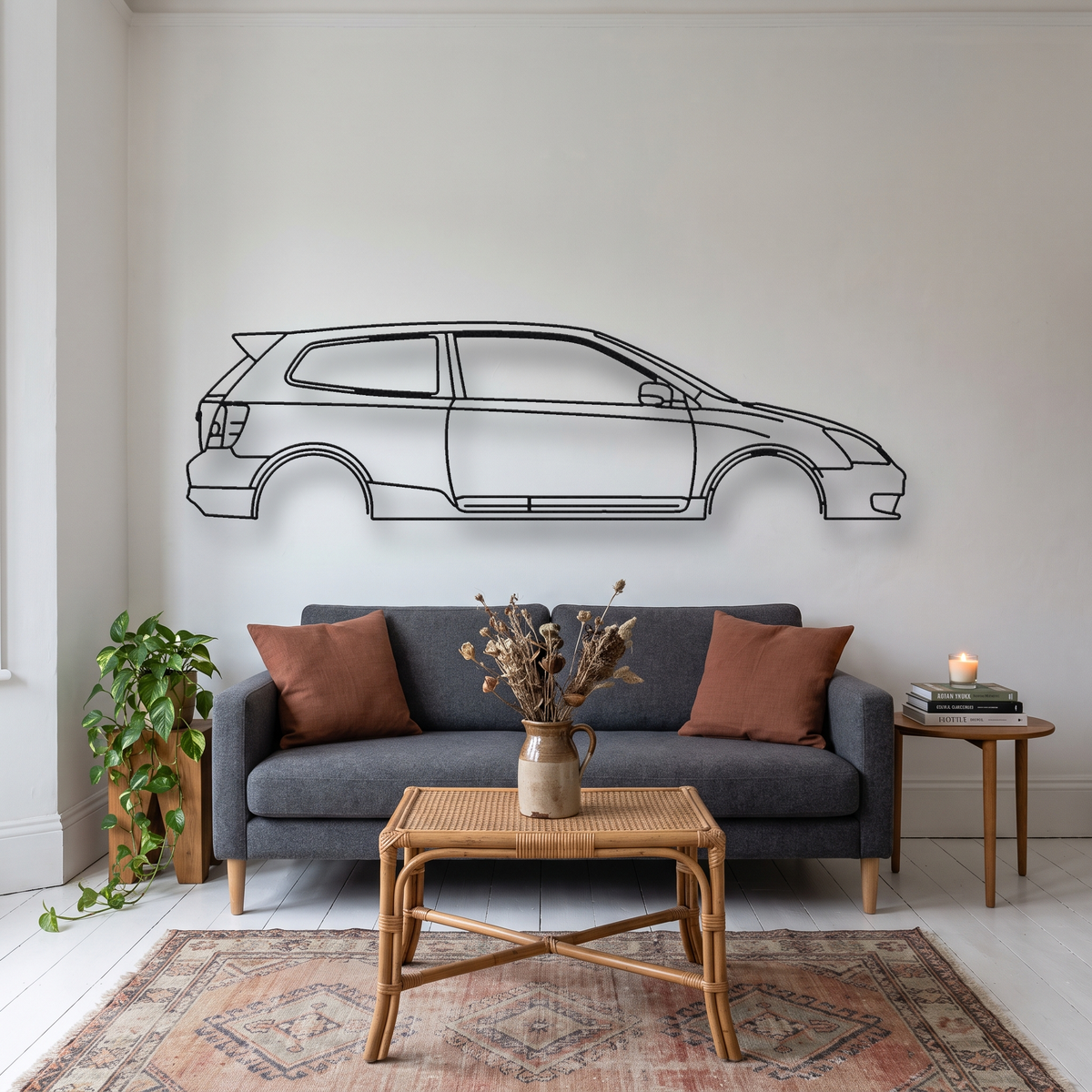 Honda Civic Type R EP3 metal wall art silhouette, front view on wall