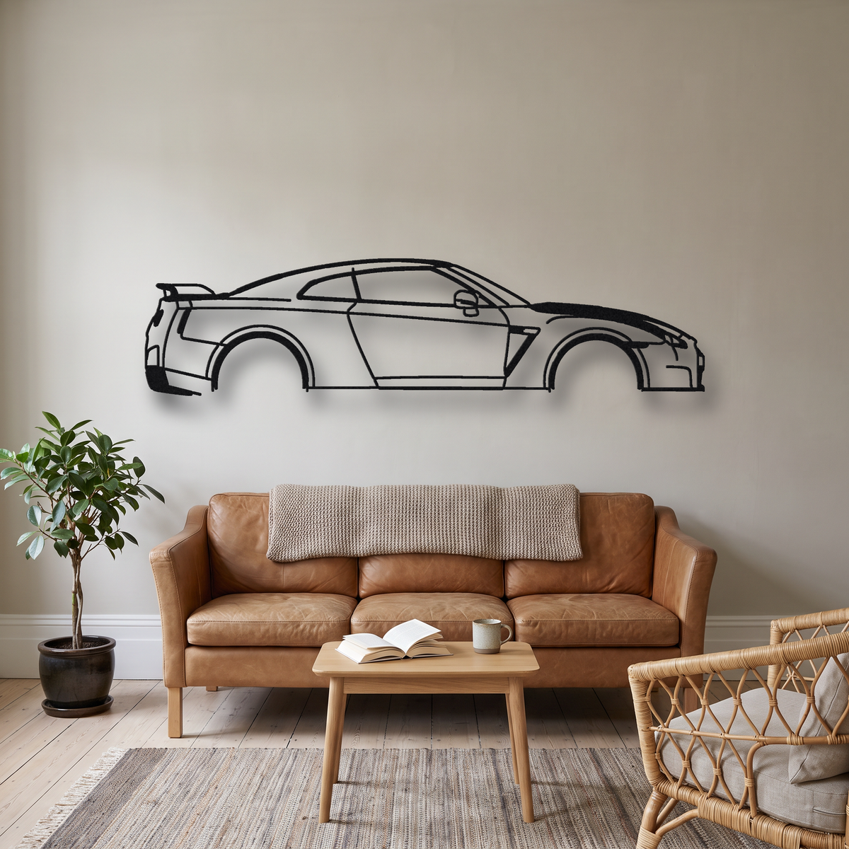 2014- Nissan GT-R Track Edition R35 metal wall art silhouette, front view on wall