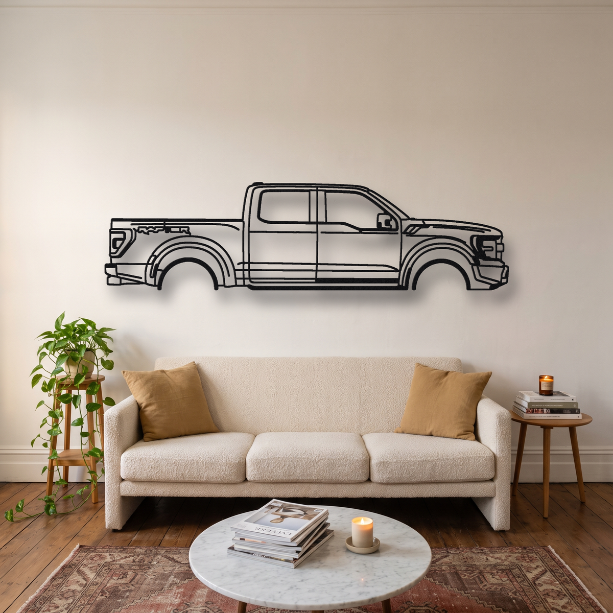 2023- Ford F-150 Raptor R P702 metal wall art silhouette, front view on wall