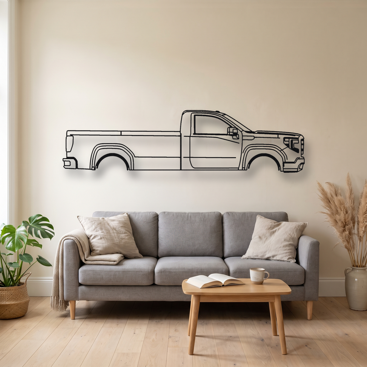 GMC Sierra T1XX metal wall art silhouette, front view on wall