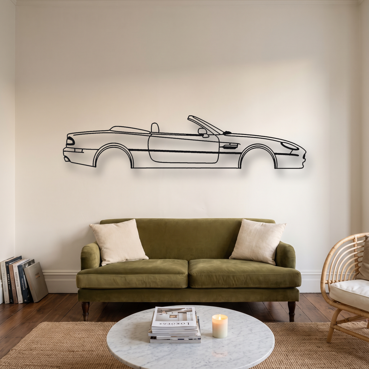 Aston Martin DB7 Volante metal wall art silhouette, front view on wall