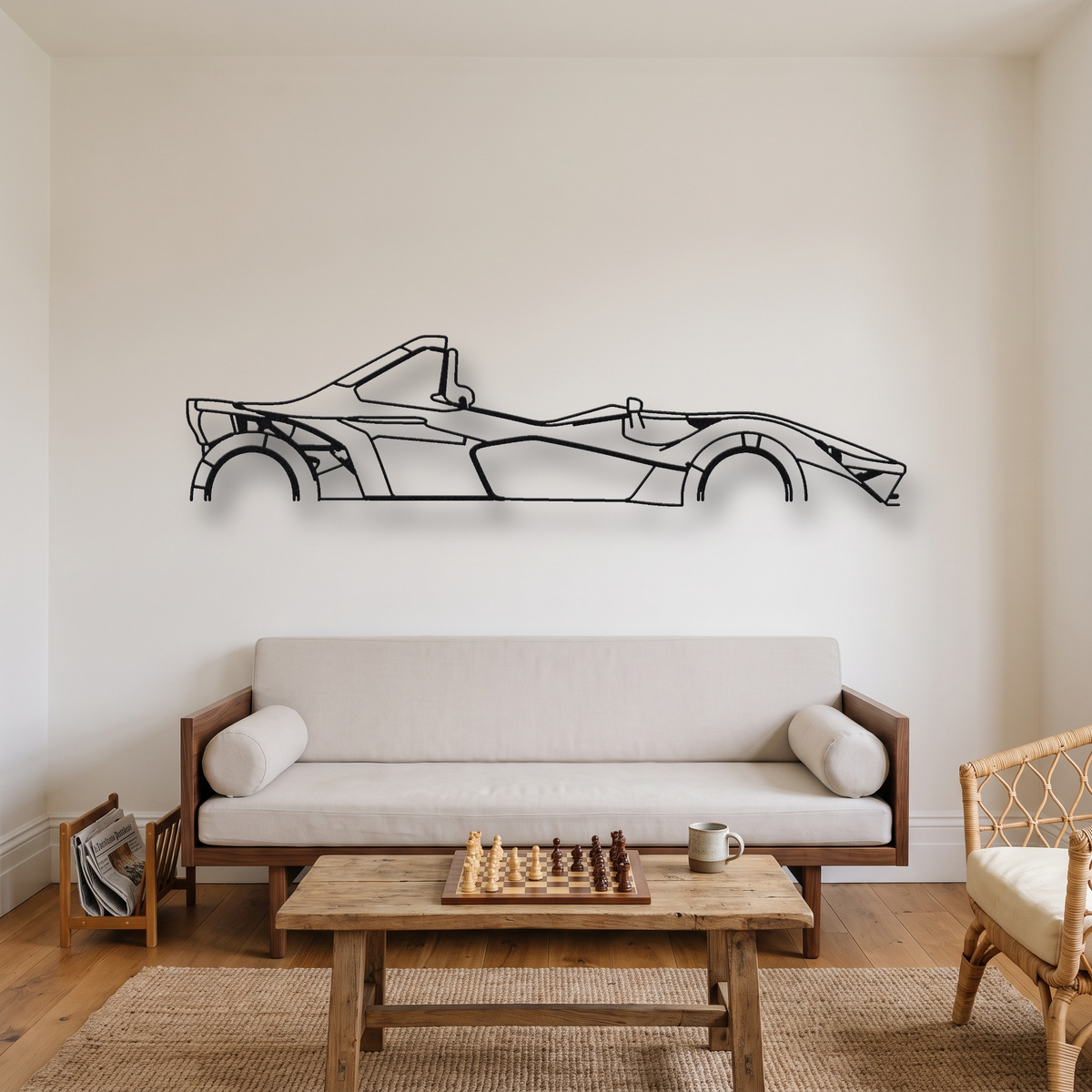 BAC Mono R metal wall art silhouette, front view on wall