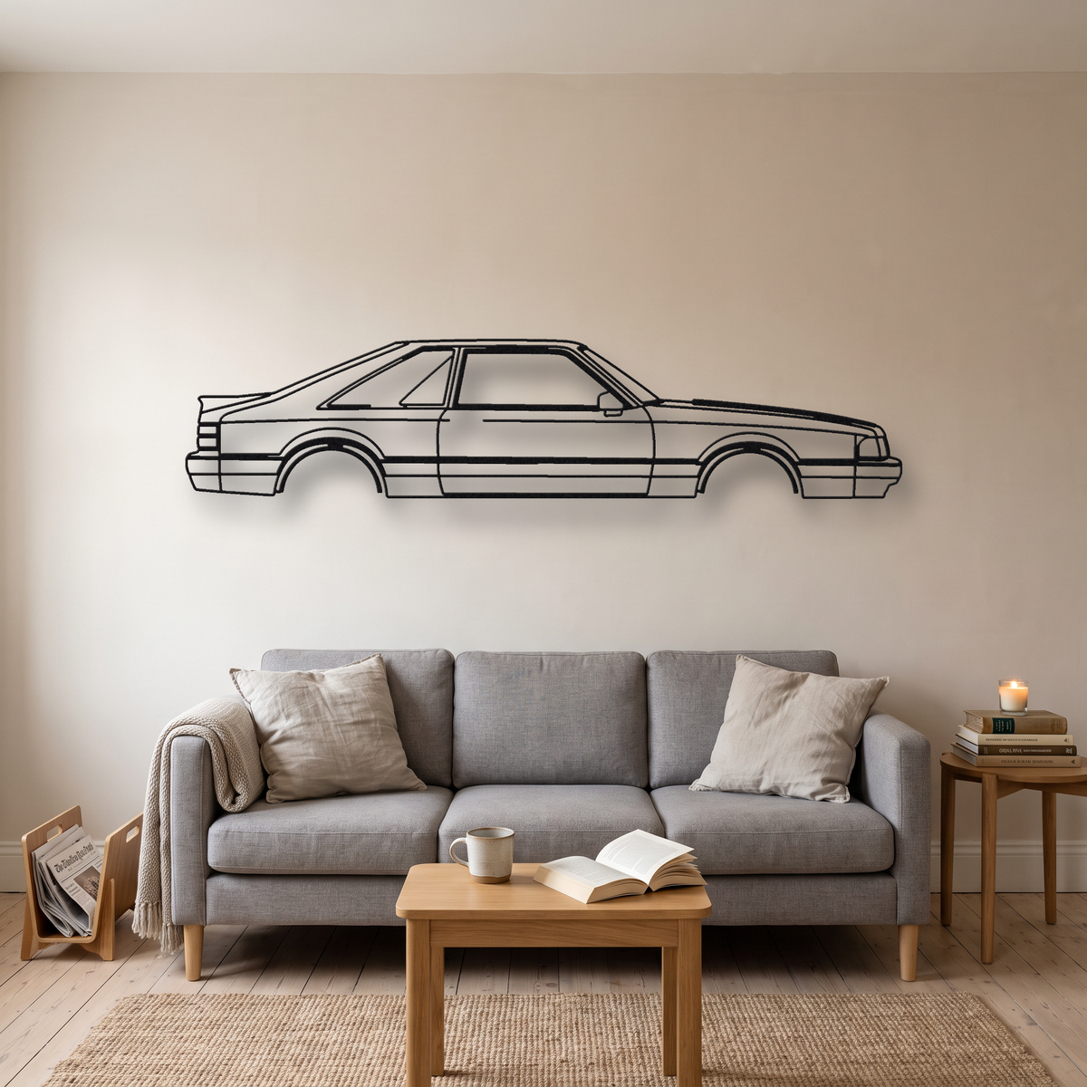 Ford Mustang GT (Fox body) metal wall art silhouette, front view on wall