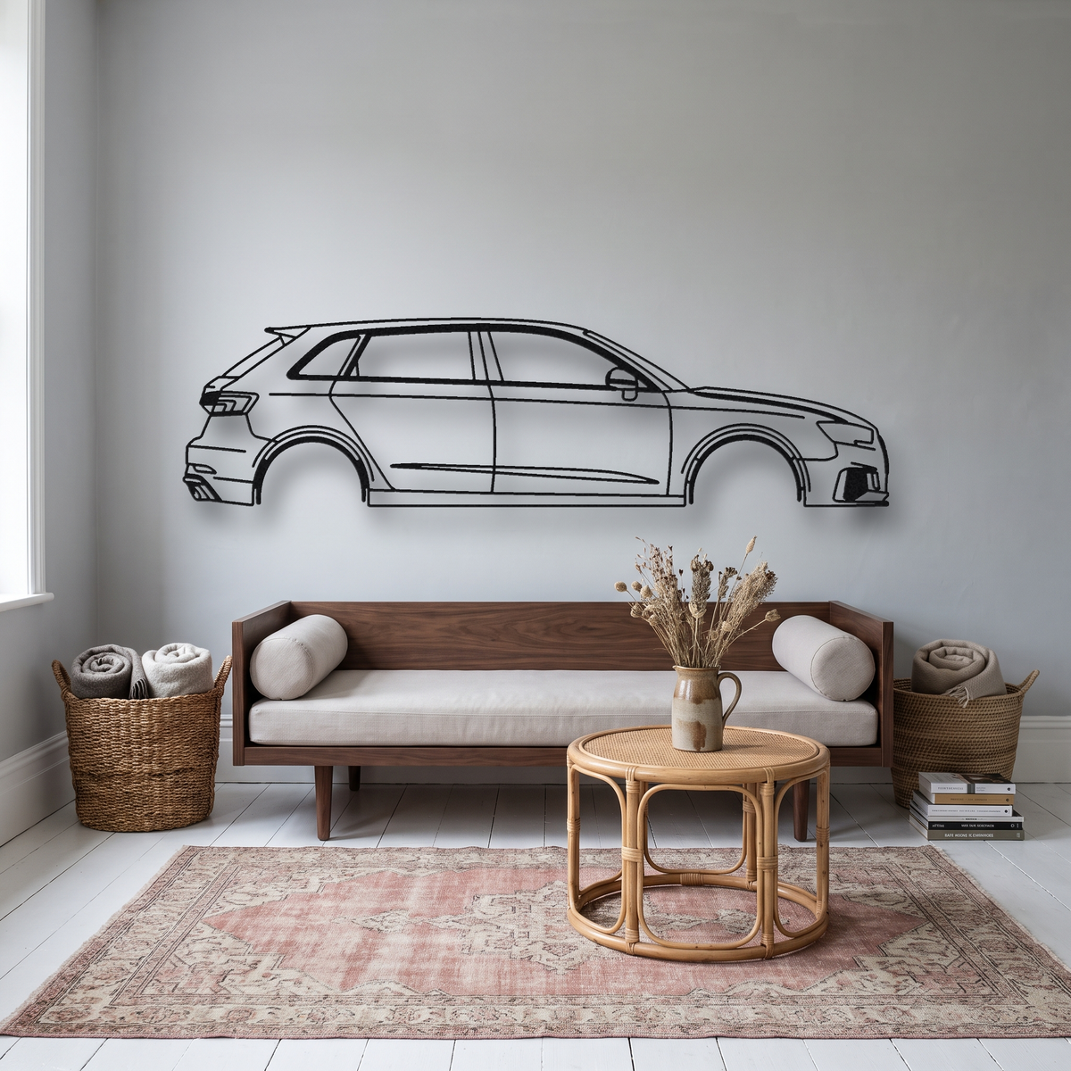 Audi RS3 Sportback 8V metal wall art silhouette, front view on wall