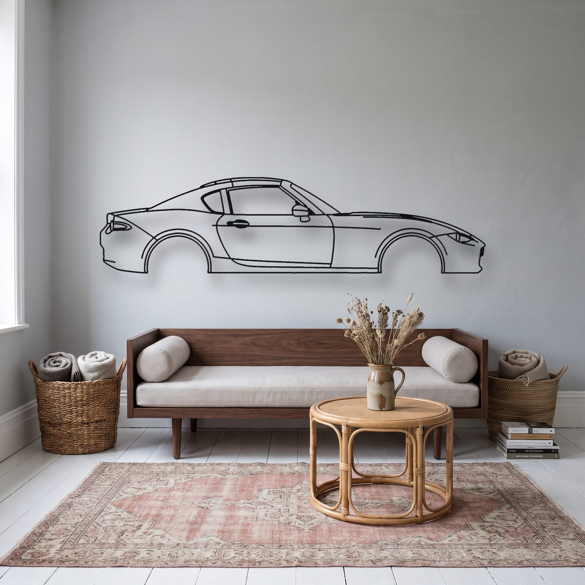 Mazda MX-5 Miata RF ND metal wall art silhouette, front view on wall