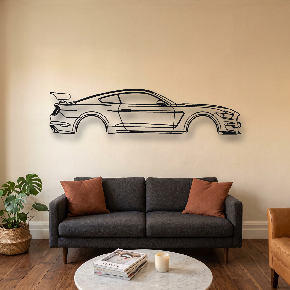 Ford Shelby GT350R S550 metal wall art silhouette, front view on wall