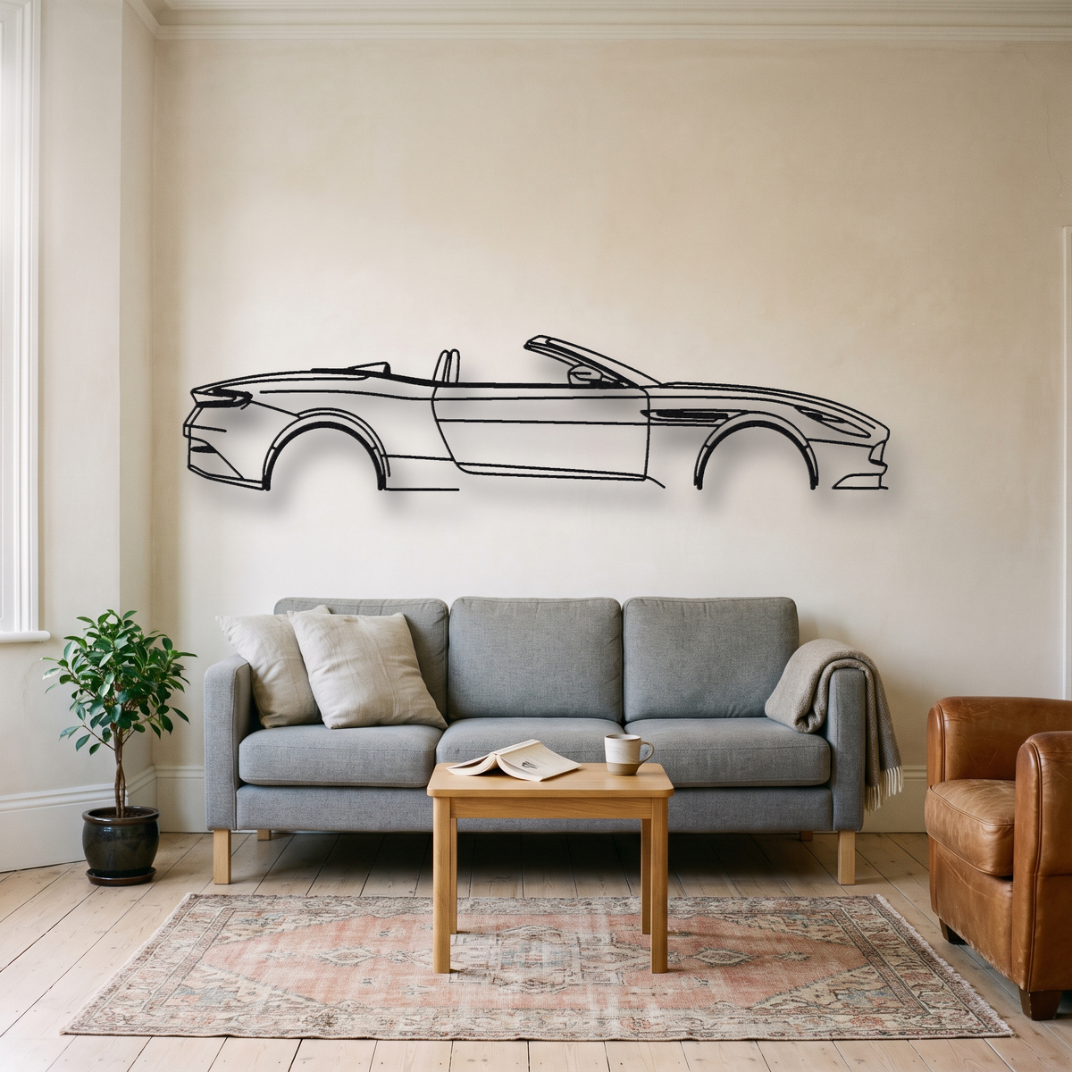 Aston Martin DB11 Volante metal wall art silhouette, front view on wall