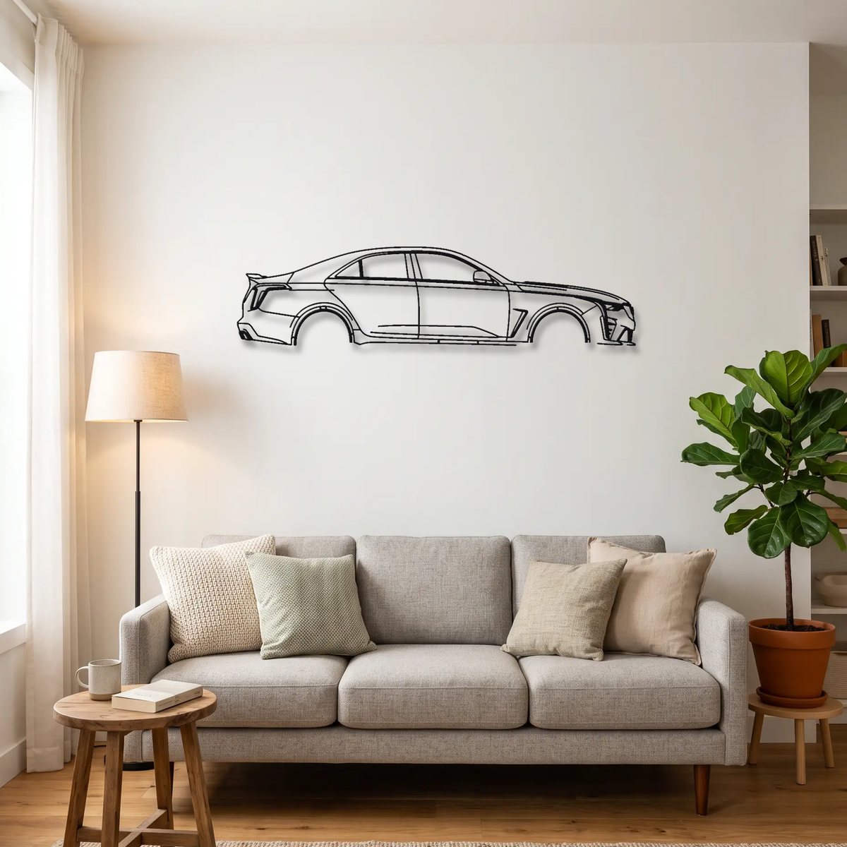 Cadillac CT4-V Blackwing metal wall art above a sofa in a living room