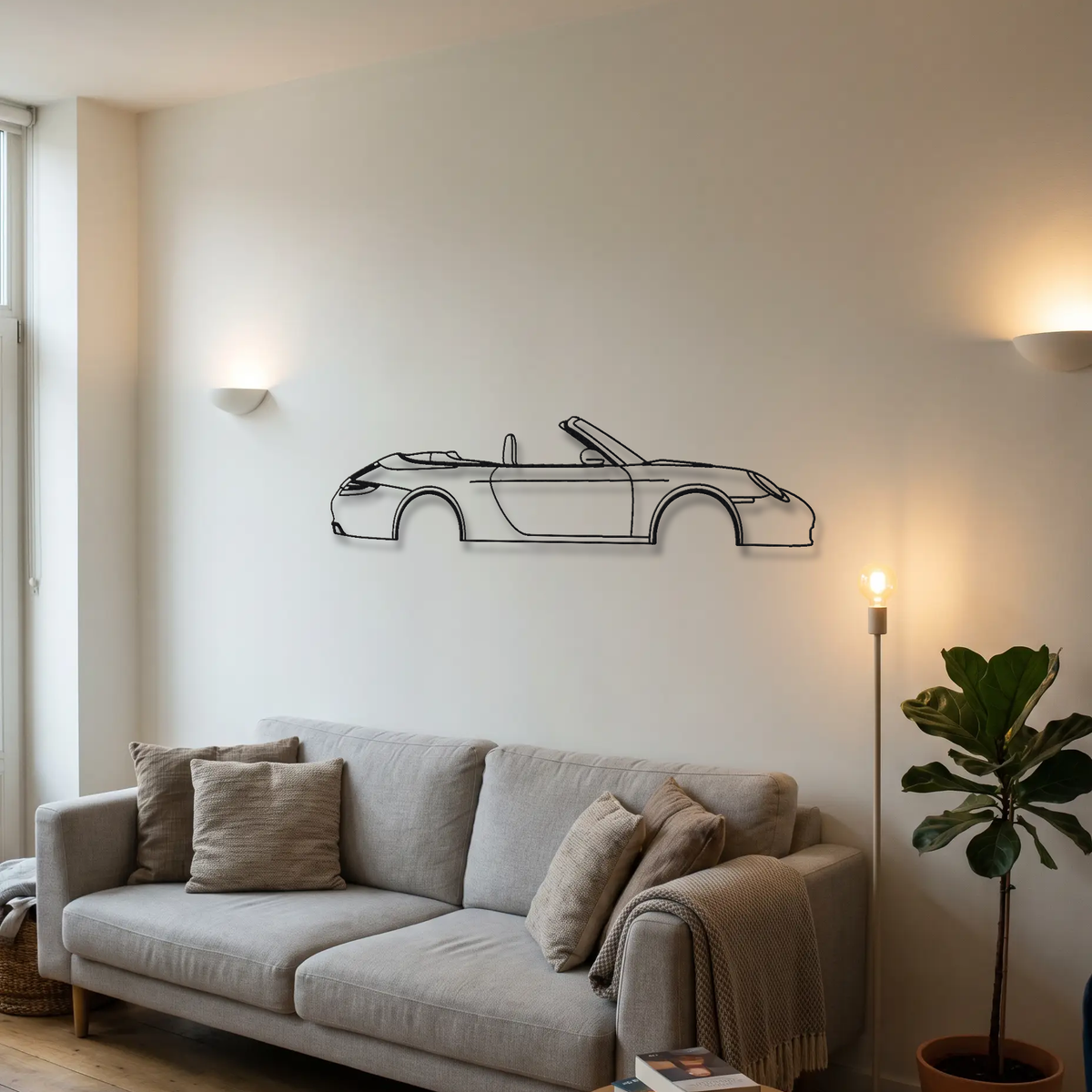 Porsche 911 Carrera Cabriolet 997.2 metal wall art above a sofa in a living room