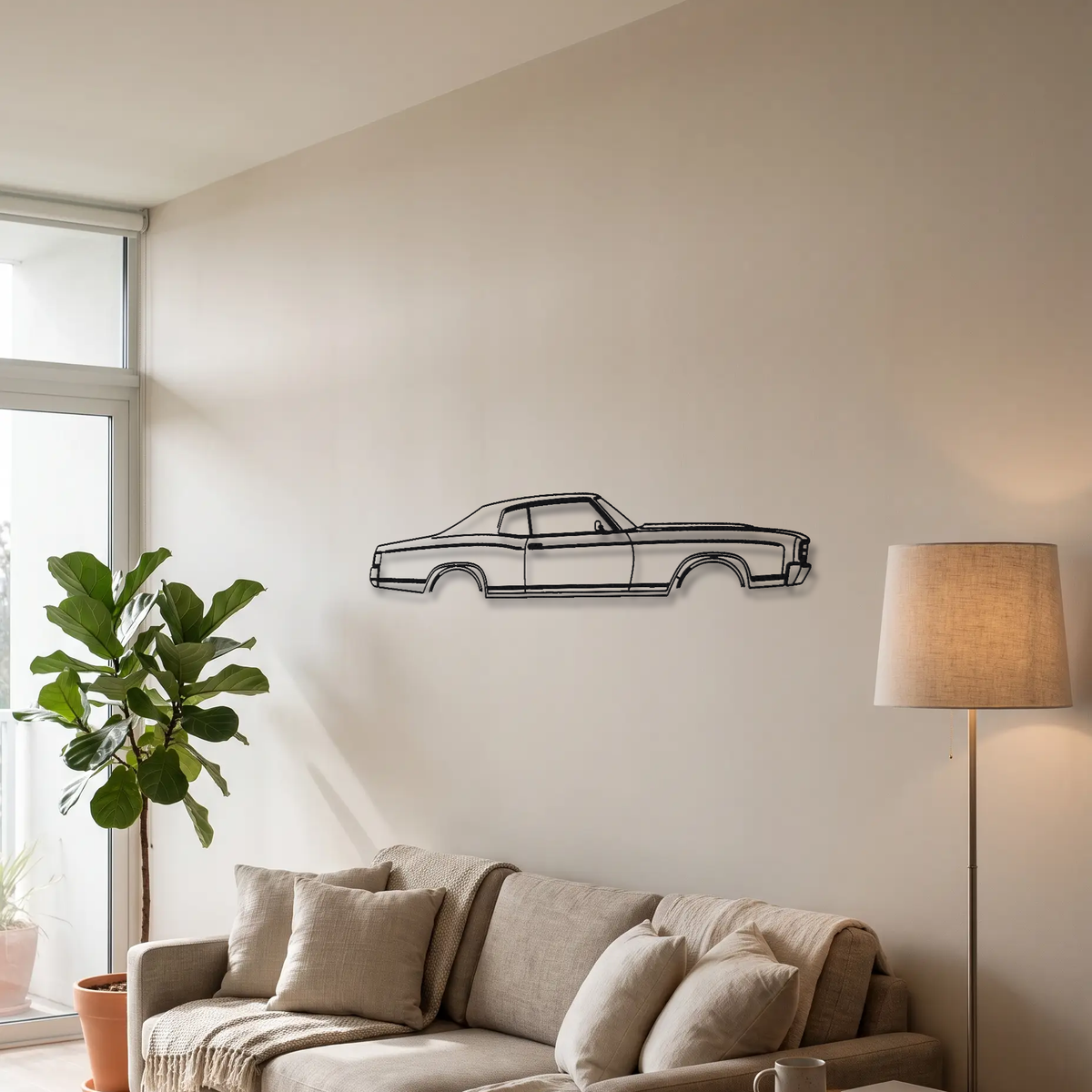 1970-1971 Chevrolet Monte Carlo SS metal wall art above a sofa in a living room